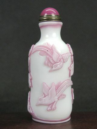 Chinese Flower Bird Carved Peking Overlay Glass Snuff Bottle 4