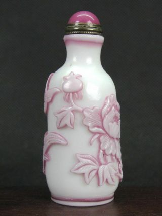 Chinese Flower Bird Carved Peking Overlay Glass Snuff Bottle 6