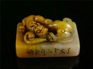 Old Chinese Soapstone Carved Chop Seal Statue Powerful Dragon On Top