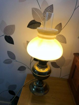 Vintage Oil Lamp Converted To Electric Amber Glass Brass