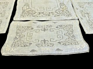 Antique Fabulous Italian Table Runner & 8 Placemats Punto Tirato Lace Inserts