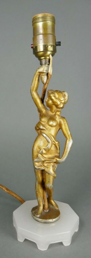Antique Art Nouveau Gilt Nude Lady Sculpture Statue Alacite Glass Table Lamp