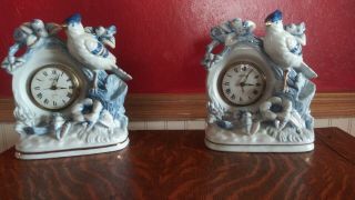 Vintage Porcelain Linden Royal Dutch Blue Jay Mantle Clock Wind Up