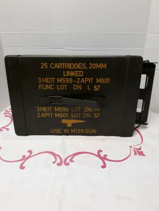 Rare Vietnam Era Military 20mm Ammo Box,  Can,  M139 Gun 25 Cartridges