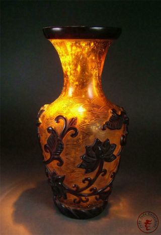 Fine Old Chinese Peking Glass Made Bottle Vase Pot Statue LOTUS auspicious 2