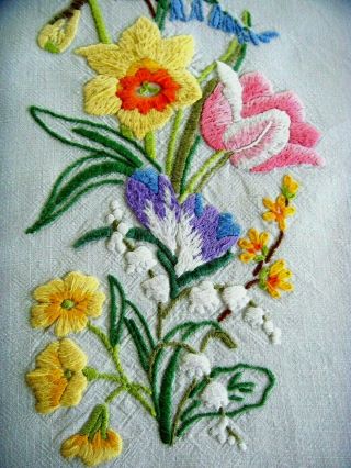 Vintage Hand Embroidered Tablecloth 4 Seasons Spring Flowers Lily Of The Valley