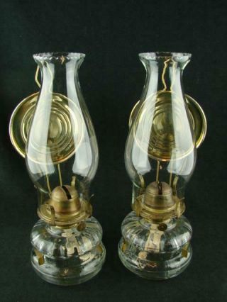 Pair Vintage Table / Wall Hanging Oil Lamps Queen Anne Burner,  Brass Reflectors