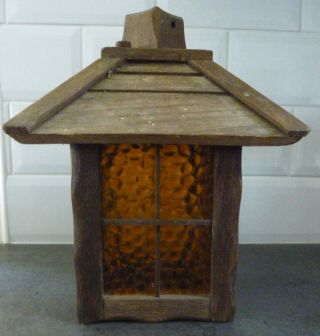 Vintage Rustic Wooden Porch Lantern Light Shade Wood & Brown Glass
