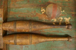 (2) Antique Wooden Exercise Pins Juggling Pins & Primitive Wooden Ball Red Paint