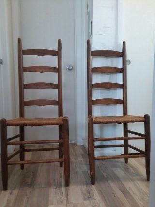 Antique Vintage Pair Ladder Back Rush Seat 4 Slat Chair Chairs Primitive Rustic