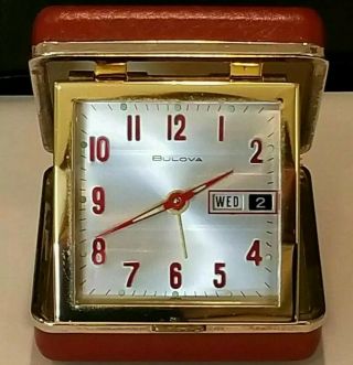 Vintage《bulova》travel Alarm Clock Red Clamshell Case Japan Wind Up Date Display