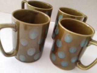 4 Vintage Mid Century Modern Green Blue Polka Dots Coffee Mugs Cup Atomic