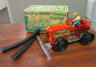 Vintage Marx Tin Litho Wind Up Sparkling Highboy Climbing Tractor & Box