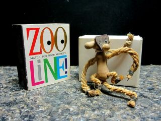 Danish Modern Matchbox Zoo Line Wood & Rope Monkey W/sticker & Box