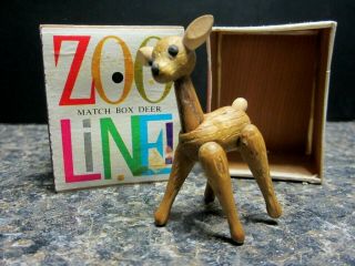 Danish Modern Matchbox Zoo Line Wood Deer W/original Paper Over Teak Wood Box