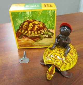 Vintage Lehmann Tin Litho Wind Up Susi Turtle With Baby Riding & Box