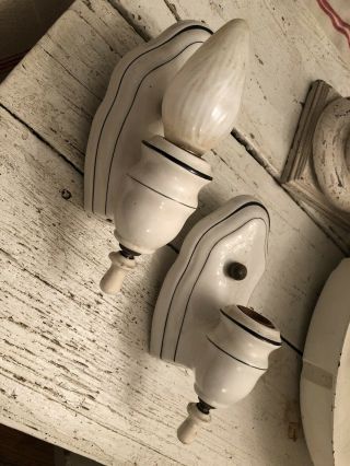 Pair Antique Vintage White Porcelain Bath Wall Light Fixture & Pull Chain