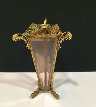 Ormolu Gold Gilt Bronze Filigree & Beveled Amber Crystal Glass Vase
