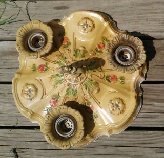 Vintage Art Deco Yellow,  Green,  Pink Floral 3 Light Flush Mount Ceiling Fixture