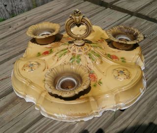 Vintage Art Deco Yellow,  Green,  Pink Floral 3 Light Flush Mount Ceiling Fixture 2