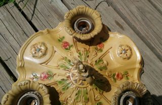 Vintage Art Deco Yellow,  Green,  Pink Floral 3 Light Flush Mount Ceiling Fixture 4