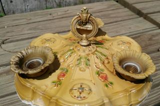 Vintage Art Deco Yellow,  Green,  Pink Floral 3 Light Flush Mount Ceiling Fixture 6