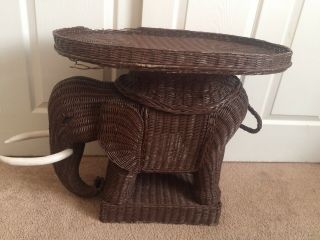 Vtg Wicker Rattan Woven Elephant Side End Table Stool Plant Stand Tray Lucky