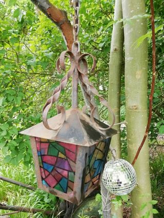 Vintage Wrought Iron & Coloured Glass Paneled Porch Hall Hanging Lantern Shade