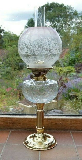 Antique Vintage Brass Duplex Oil Lamp.  Etched Glass Globe Shade & Chimney.