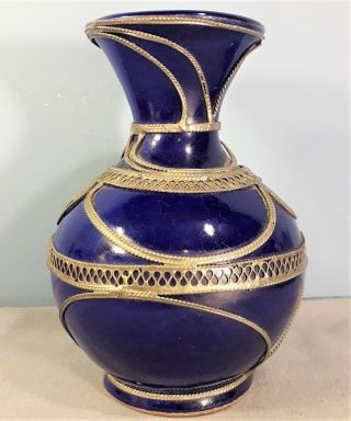 Vintage Arts & Crafts Style Metal Bound Cobalt Blue Pottery Vase