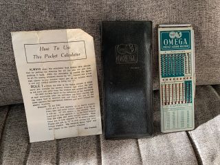 Omega Vintage Pocket Adding Machine Calculator With Case & Guide