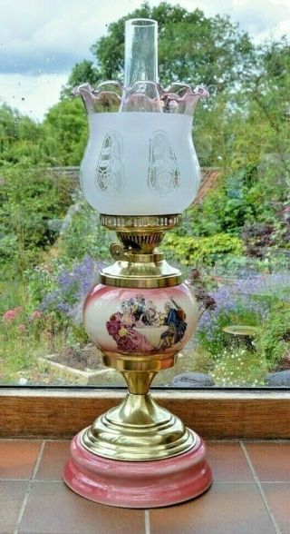 Antique Vintage Ceramic & Brass Victorian Duplex Oil Lamp.  Glass Shade & Chimney