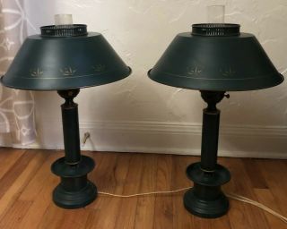 Vintage Brass Wall Lamp French Bouillotte Style Tole Metal Shade Green 2 Feet