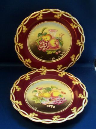 2 Antique English Opaque Porcelain Plates 19th C.  Purple Still Life Painting
