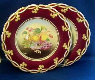 2 Antique English Opaque Porcelain Plates 19th c.  Purple Still Life Painting 6