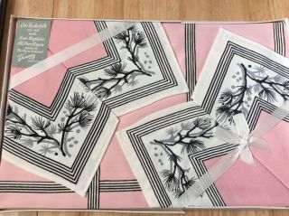 Vintage Dunmoy 1950’s Tablecloth & Napkins.  50” X 50” Boxed.  Rayon.  Pink,  Black