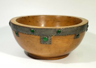 Antique Arts & Crafts Turned Wood Bowl With Jewelled Pewter Decoration.