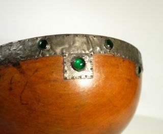 Antique Arts & Crafts Turned Wood Bowl with Jewelled Pewter Decoration. 5