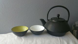 Two Vintage Mid Century Danish Modern Small Enamel Bowls And Tea Pot