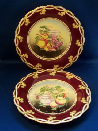 Pair Antique English Porcelain Plates 19th Century Purple Fruit Flower Painting