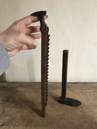 2 Early Antique Rare Handmade Wooden Cobblers Tools Measure Trammel Hammer Aafa
