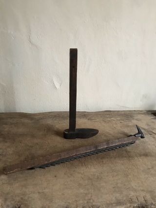 2 Early Antique RARE Handmade Wooden Cobblers Tools Measure Trammel Hammer AAFA 2
