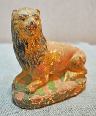 Old Antique Hand Crafted Painted Terracotta Lion Figurine