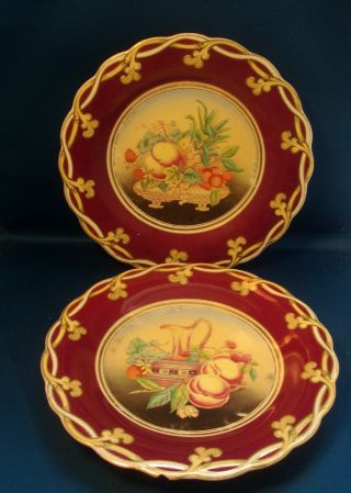 Pr Antique English Opaque Porcelain Plates 19th C.  Purple Fruit Flower Painting