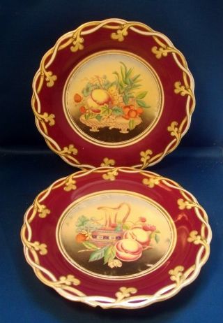 Pr Antique English Opaque Porcelain Plates 19th c.  Purple Fruit Flower Painting 2