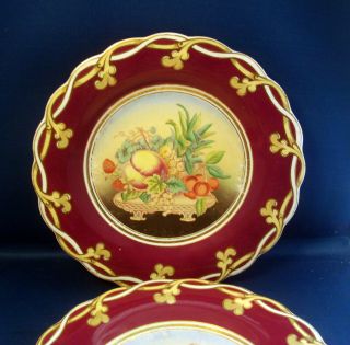 Pr Antique English Opaque Porcelain Plates 19th c.  Purple Fruit Flower Painting 3