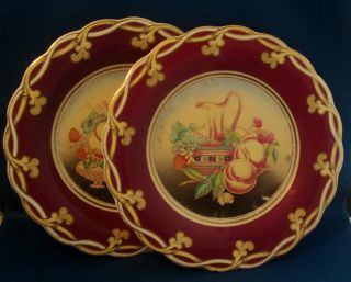 Pr Antique English Opaque Porcelain Plates 19th c.  Purple Fruit Flower Painting 5