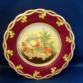 Pr Antique English Opaque Porcelain Plates 19th c.  Purple Fruit Flower Painting 6