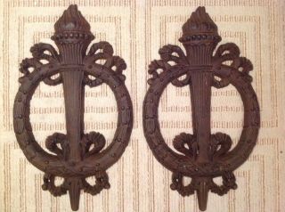 Pair Antique Cast Iron Wall Plaque Olympic Torch Wreath W/ Ribbons Sculpture