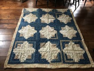 Early Antique Blue Calico Log Cabin Pattern Handmade Quilt Textile Cutter Worn